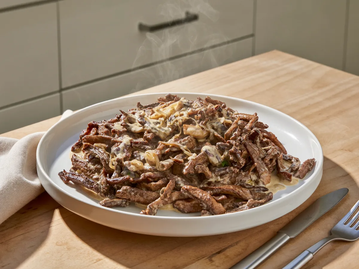 Бефстроганов из курицы с вешенками