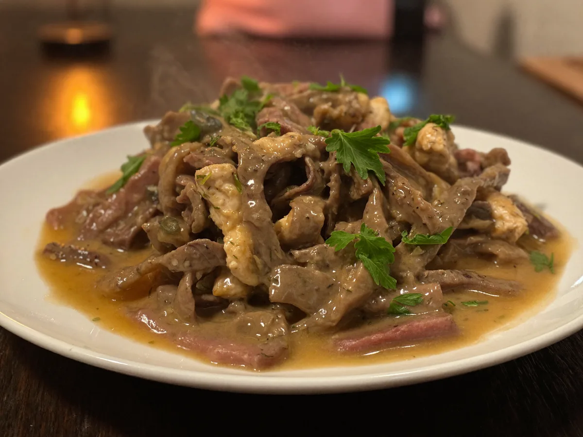 Бефстроганов из курицы со сметаной и грибами