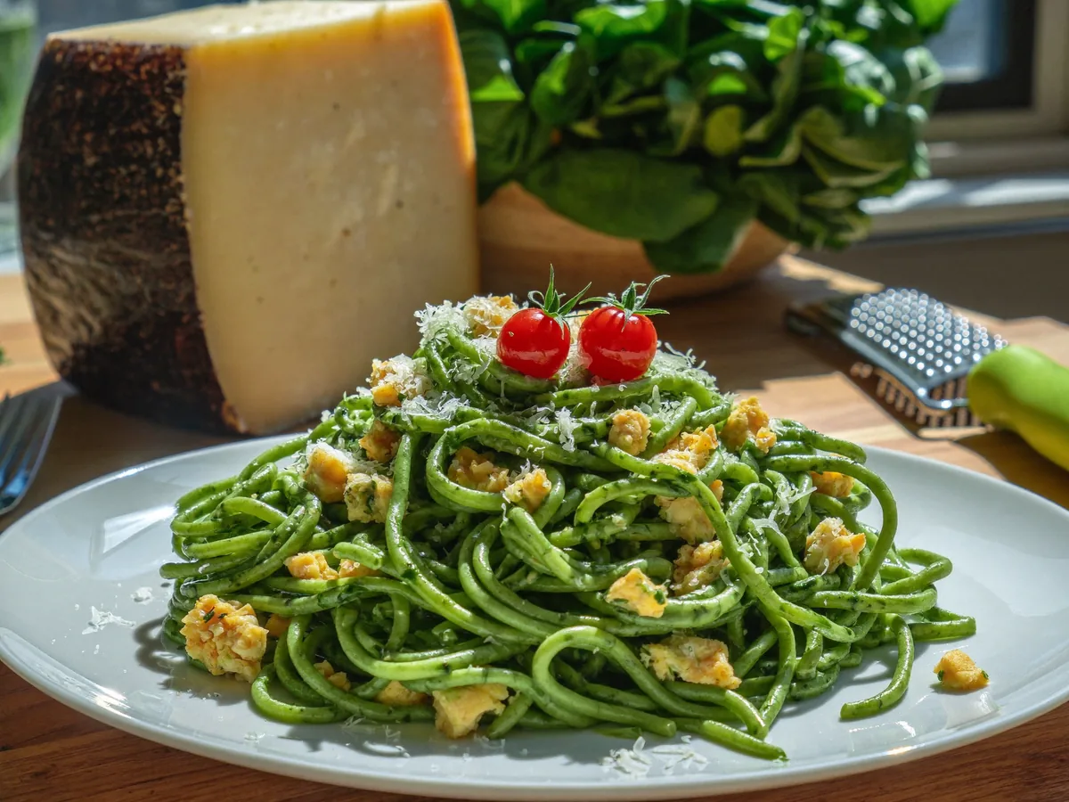 Домашняя лапша с куриным яйцом, шпинатом и твердым сыром