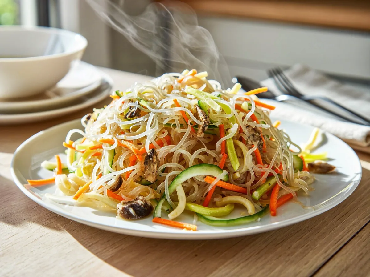 Фунчоза с грибами и овощами по-корейски