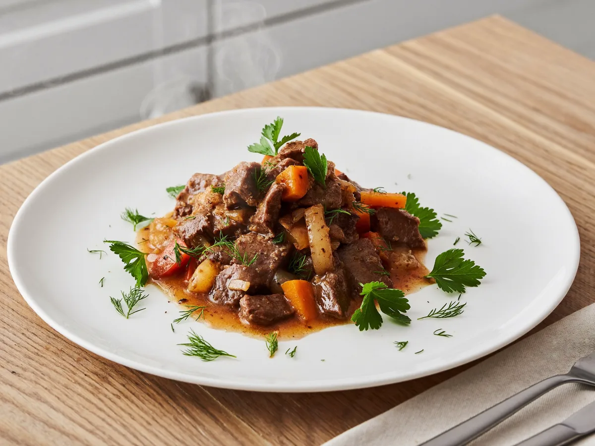 Говядина кусочками с овощами