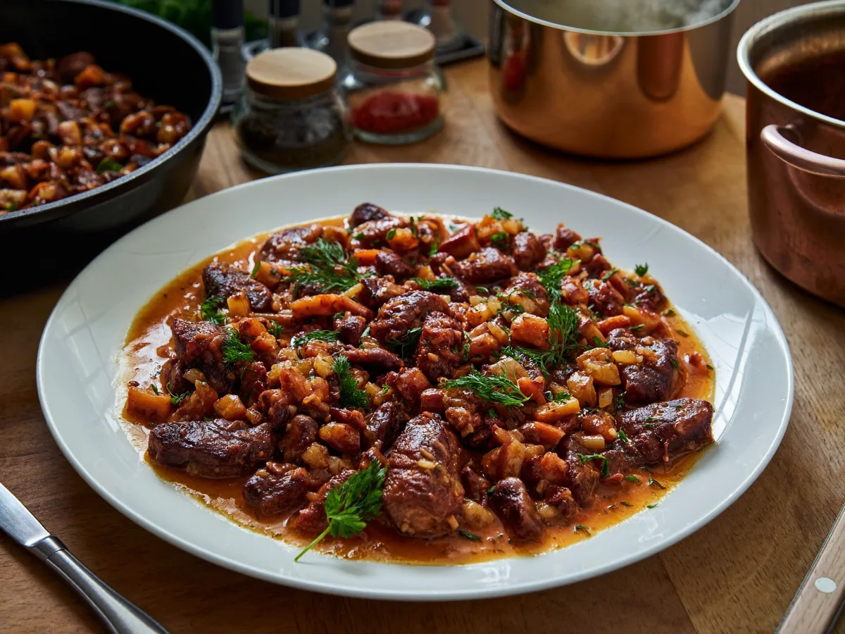 Гуляш из куриных желудков
