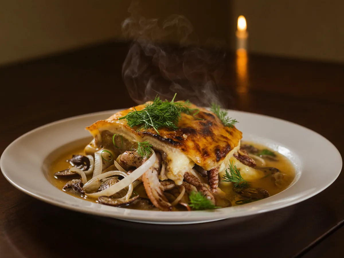 Кальмары, фаршированные грибами и сыром