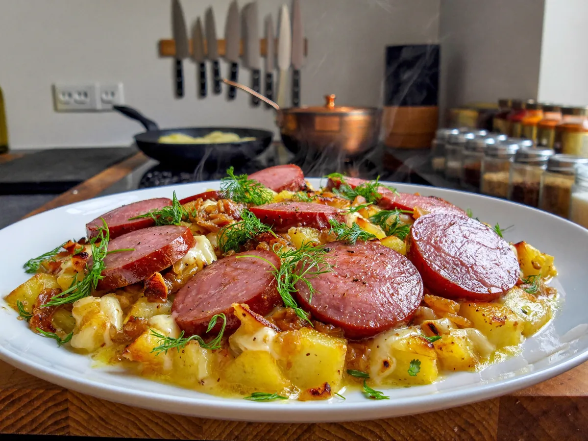 Картофель с сосисками в духовке с сыром