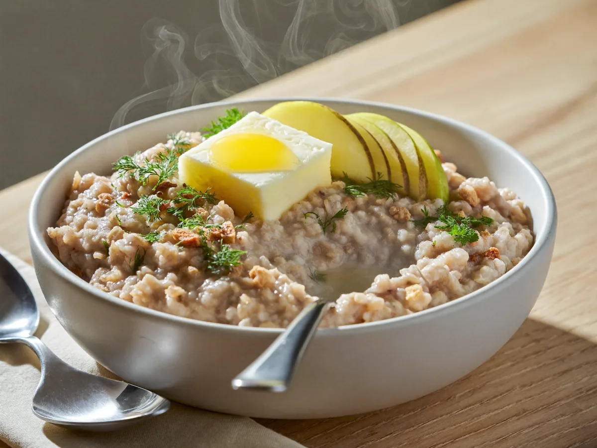 Каша из овсяных хлопьев с карамельными яблоками и миндалем