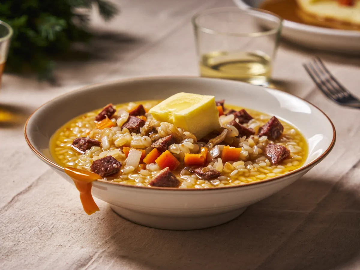 Каша из перловки с томатным соком и говядиной в духовке