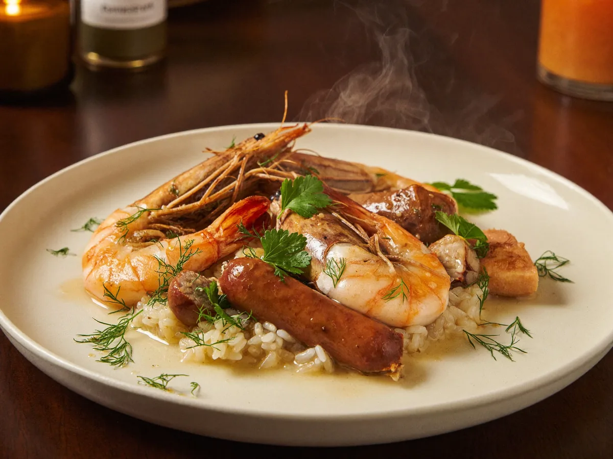 Креветки с сосисками и рисом