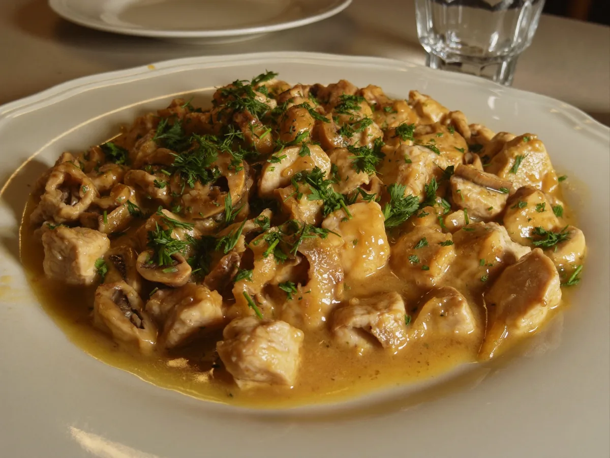 Курица кусочками с грибами