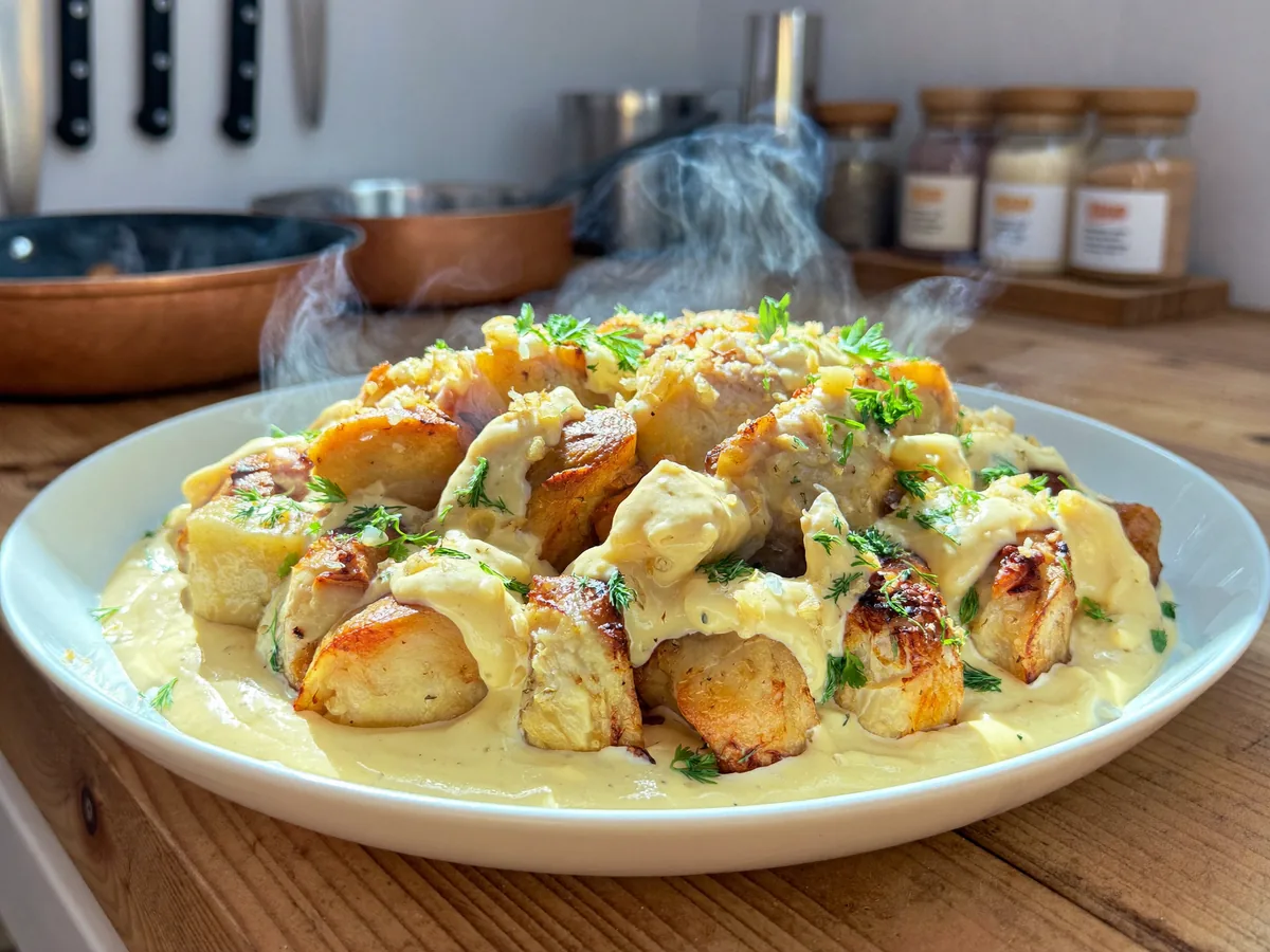 Курица с картошкой, чесноком и майонезом