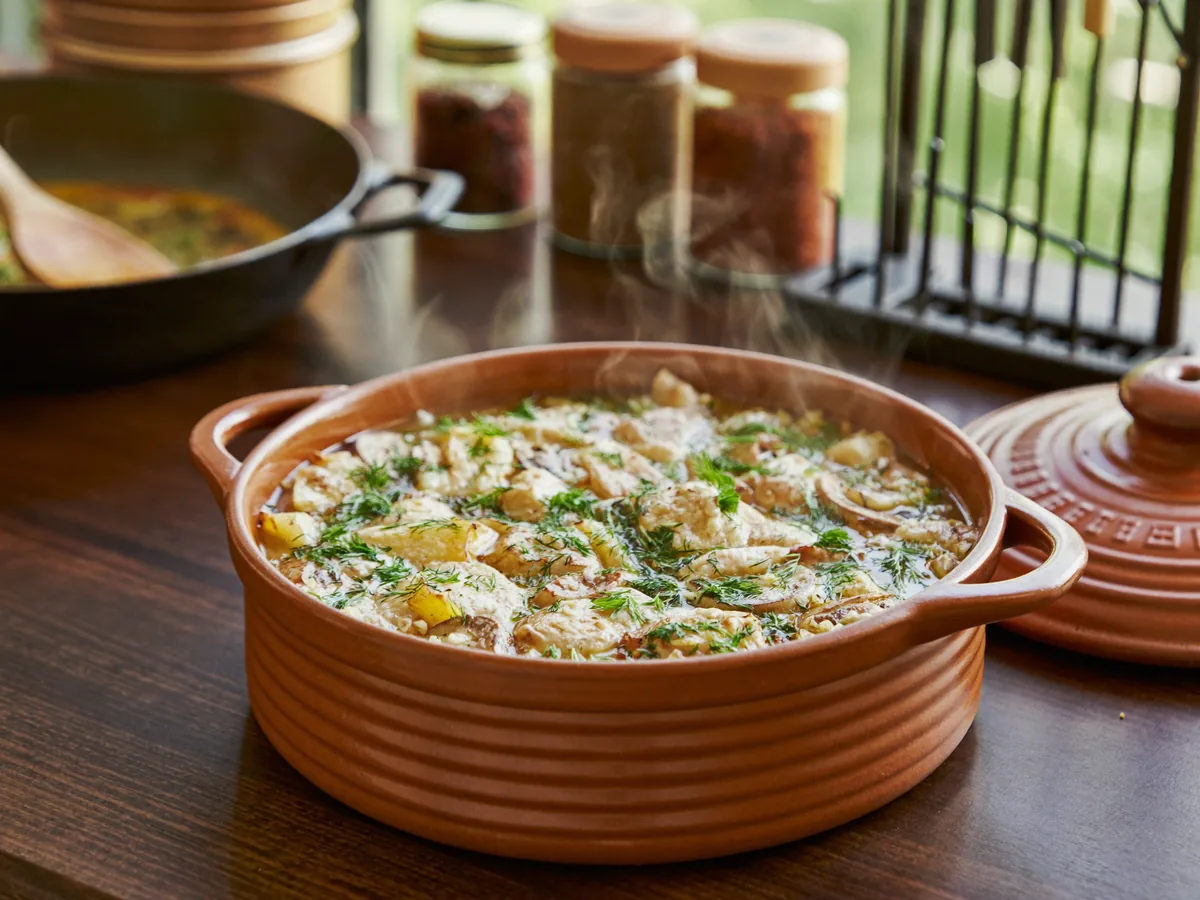 Курица с шампиньонами в горшочке