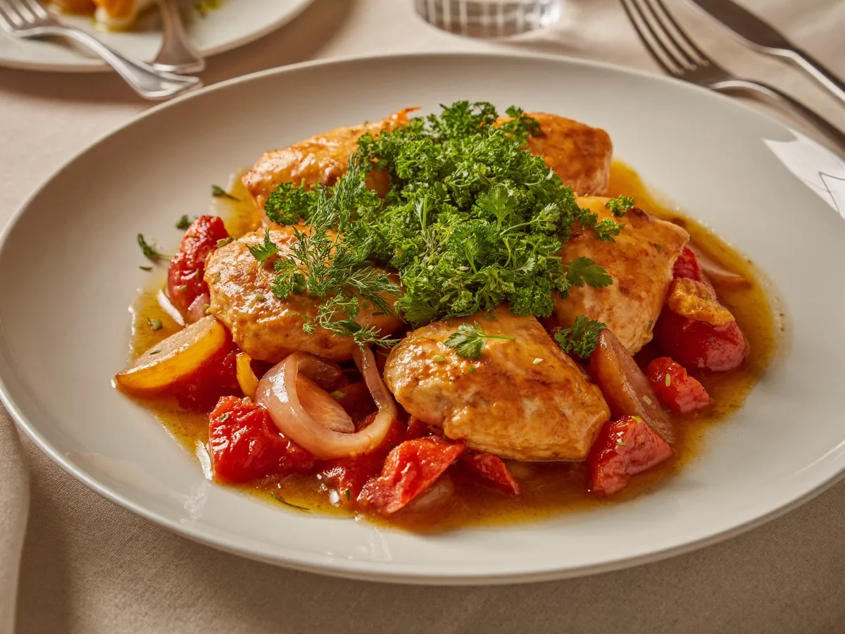Курица тушёная с помидорами и луком