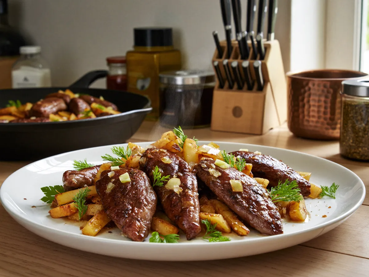 Куриная печень по-берлински с яблоками и луком