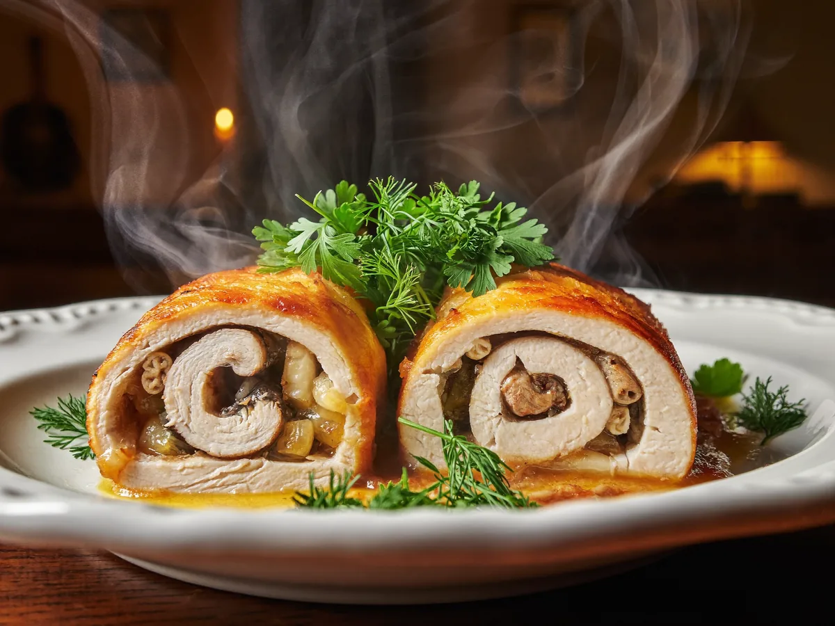 Куриные рулетики с грибами, маслинами и сыром