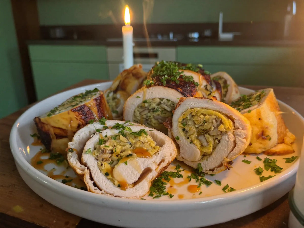 Куриные рулетики с шампиньонами и перепелиными яйцами