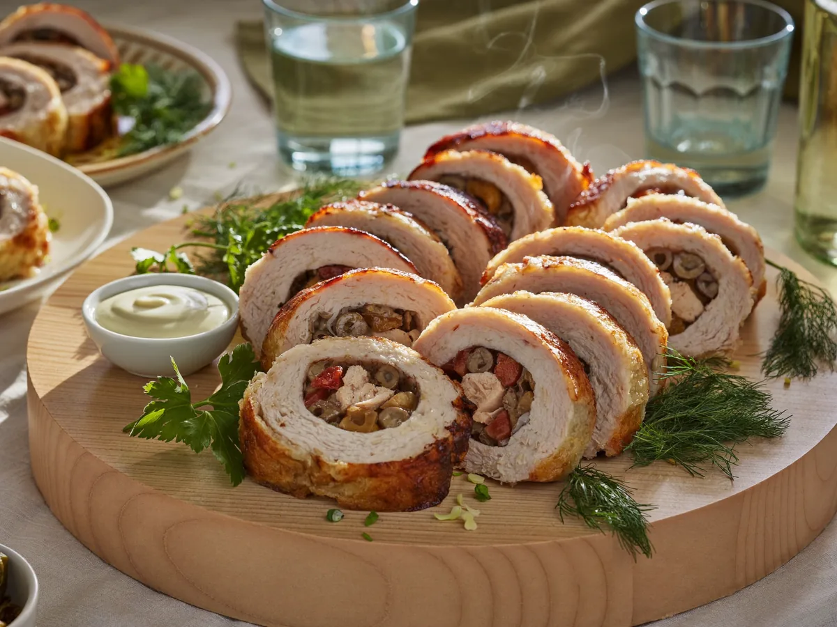 Куриный рулет с грибами и маслинами