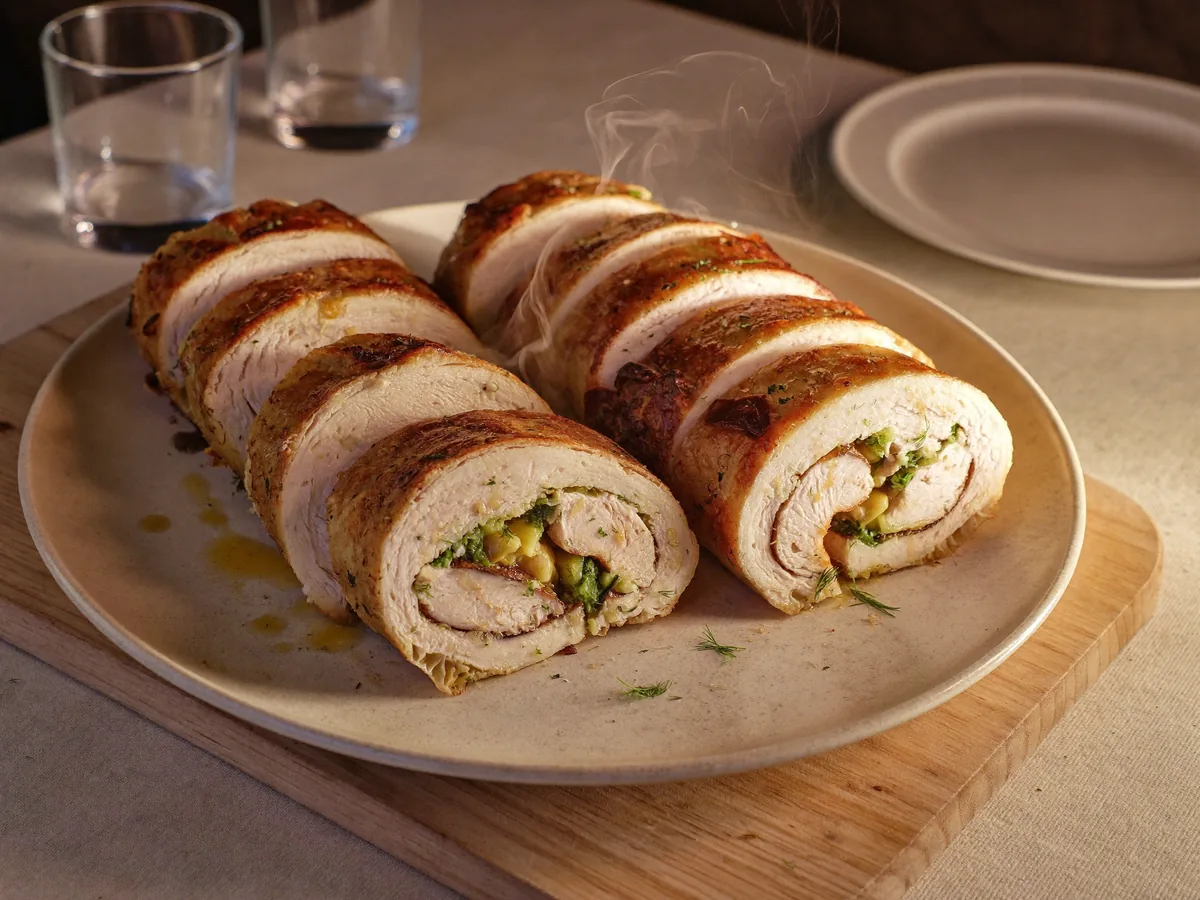Куриный рулет с творожным сыром и зеленью