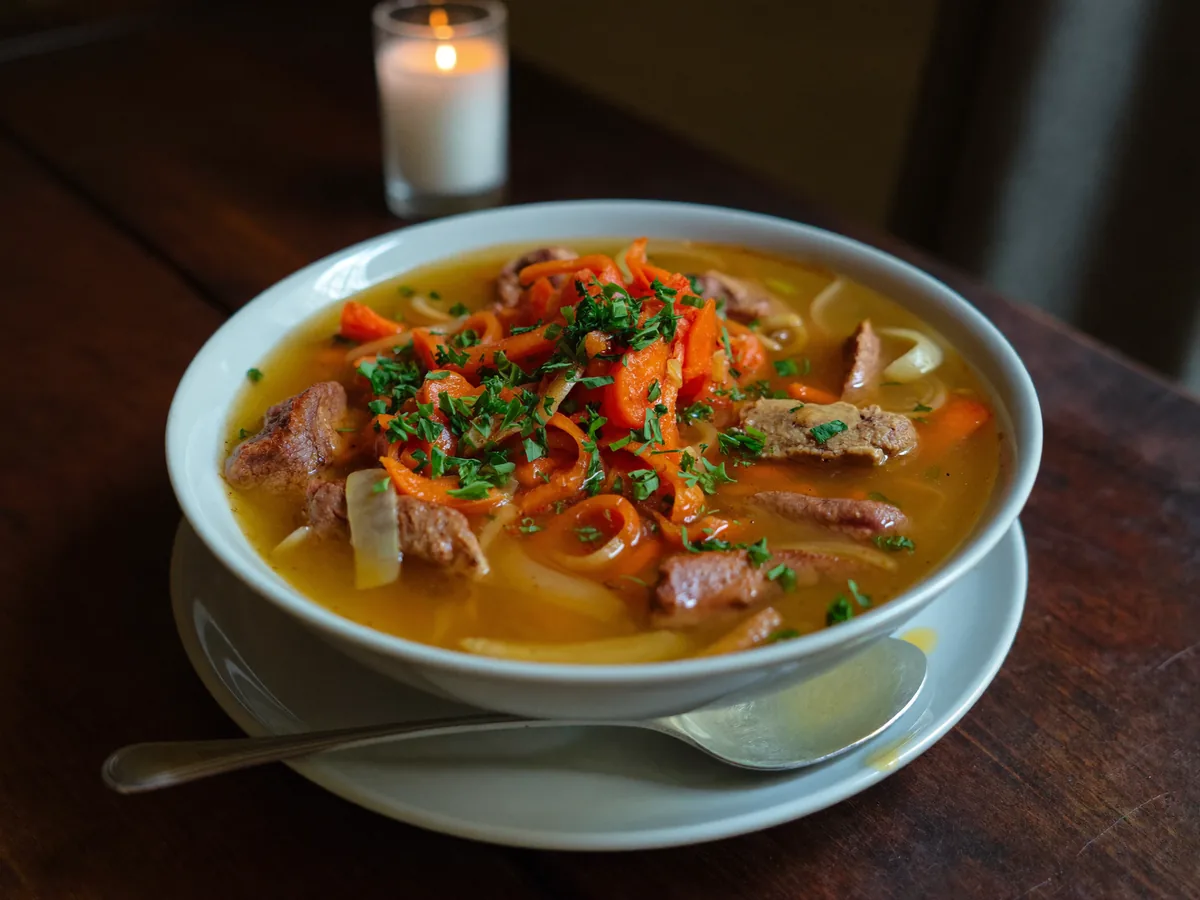 Куриный суп с овощами, грибами и печенкой