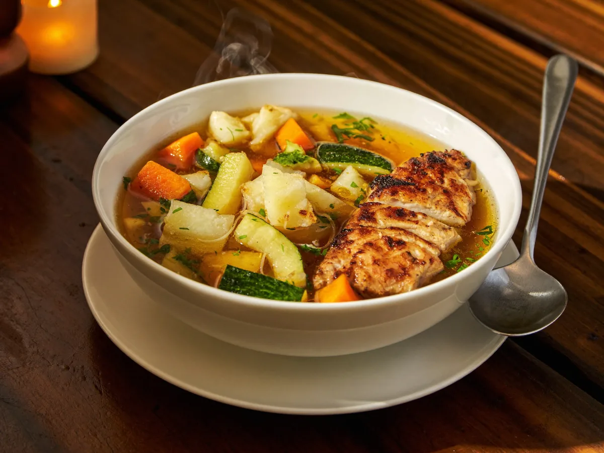 Лёгкий овощной суп с кабачками и курицей