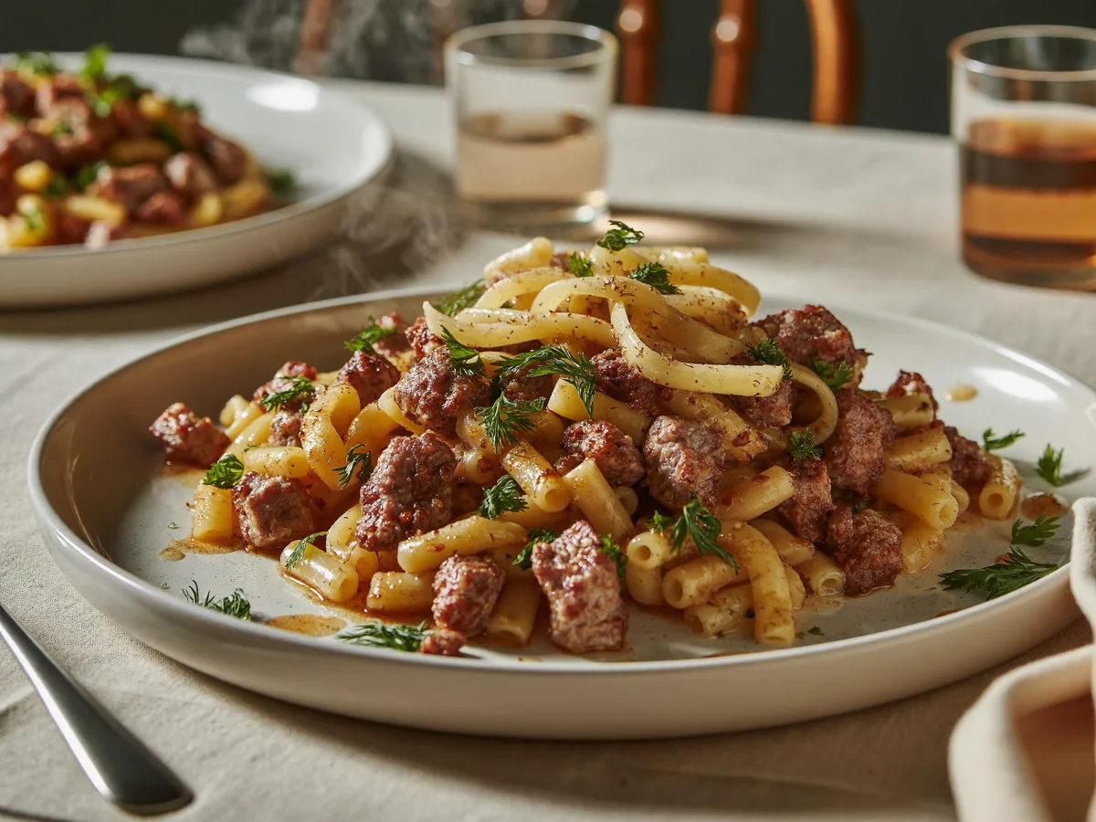 Макароны по флотски на сковороде с тушенкой