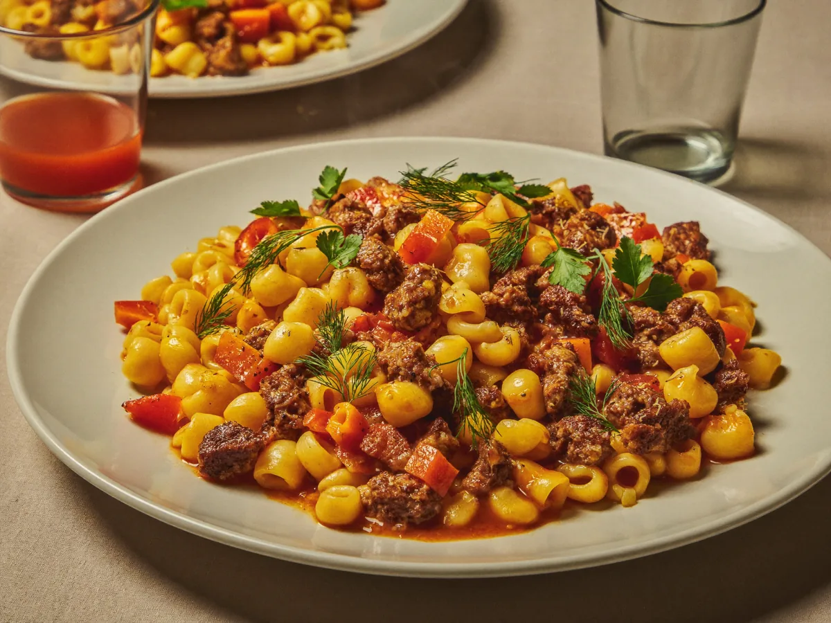 Макароны с грибами и овощами на сковороде