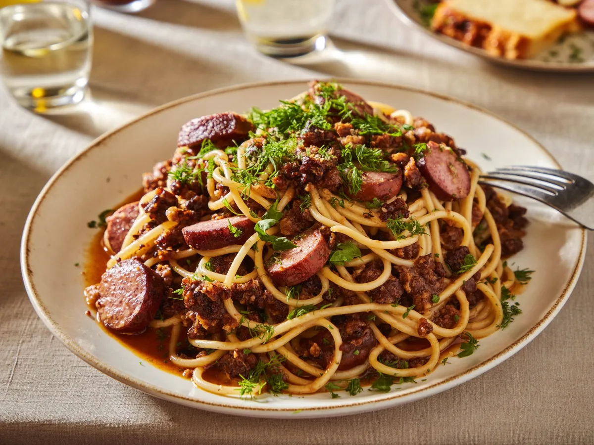 Макароны с колбасой