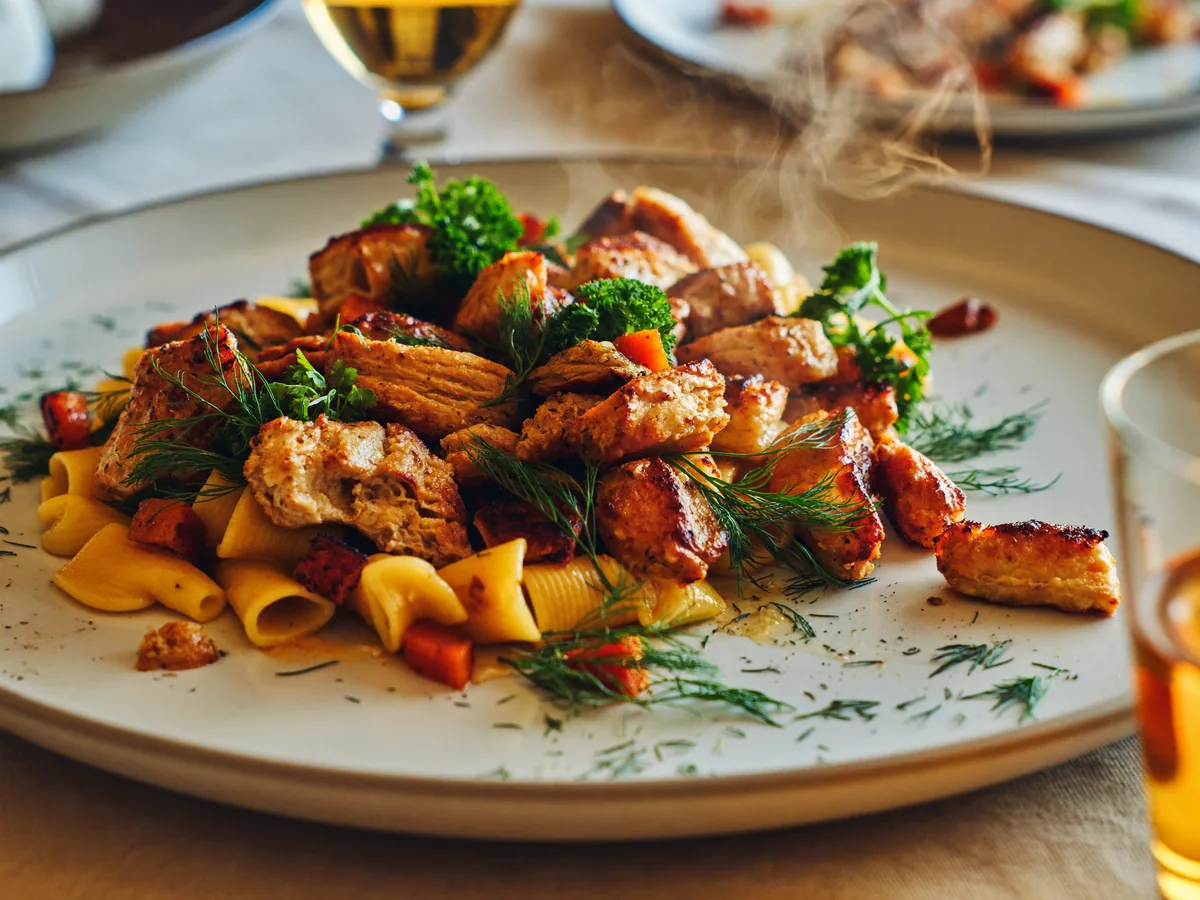 Макароны с куриным филе