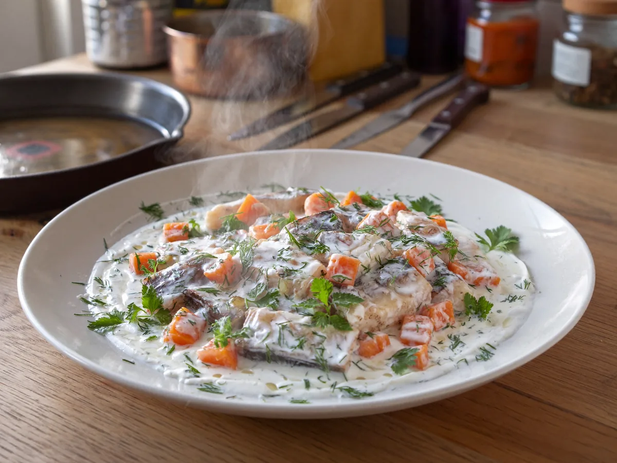 Минтай тушеный с морковью и луком в сметане
