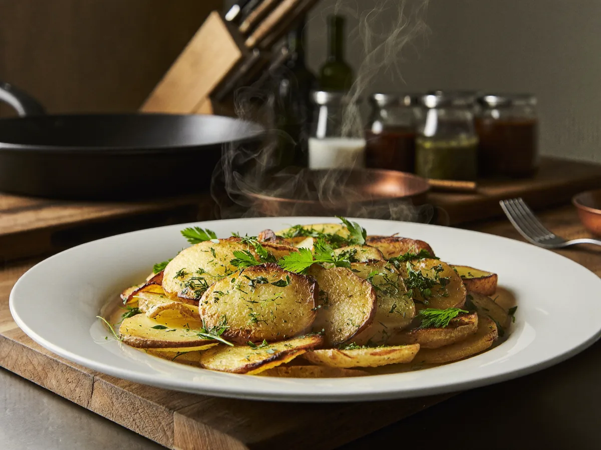Молодая картошка на сковороде в кожуре целиком
