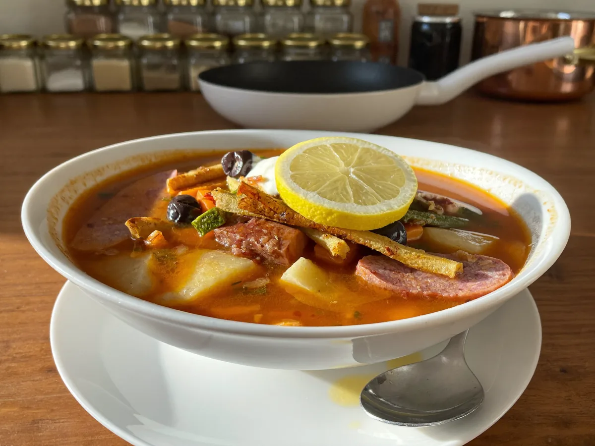 Мясная сборная солянка с картошкой морковью горошком