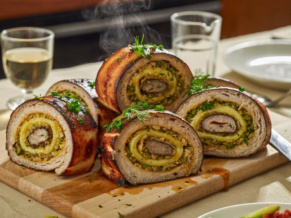 Мясной рулет с макаронами