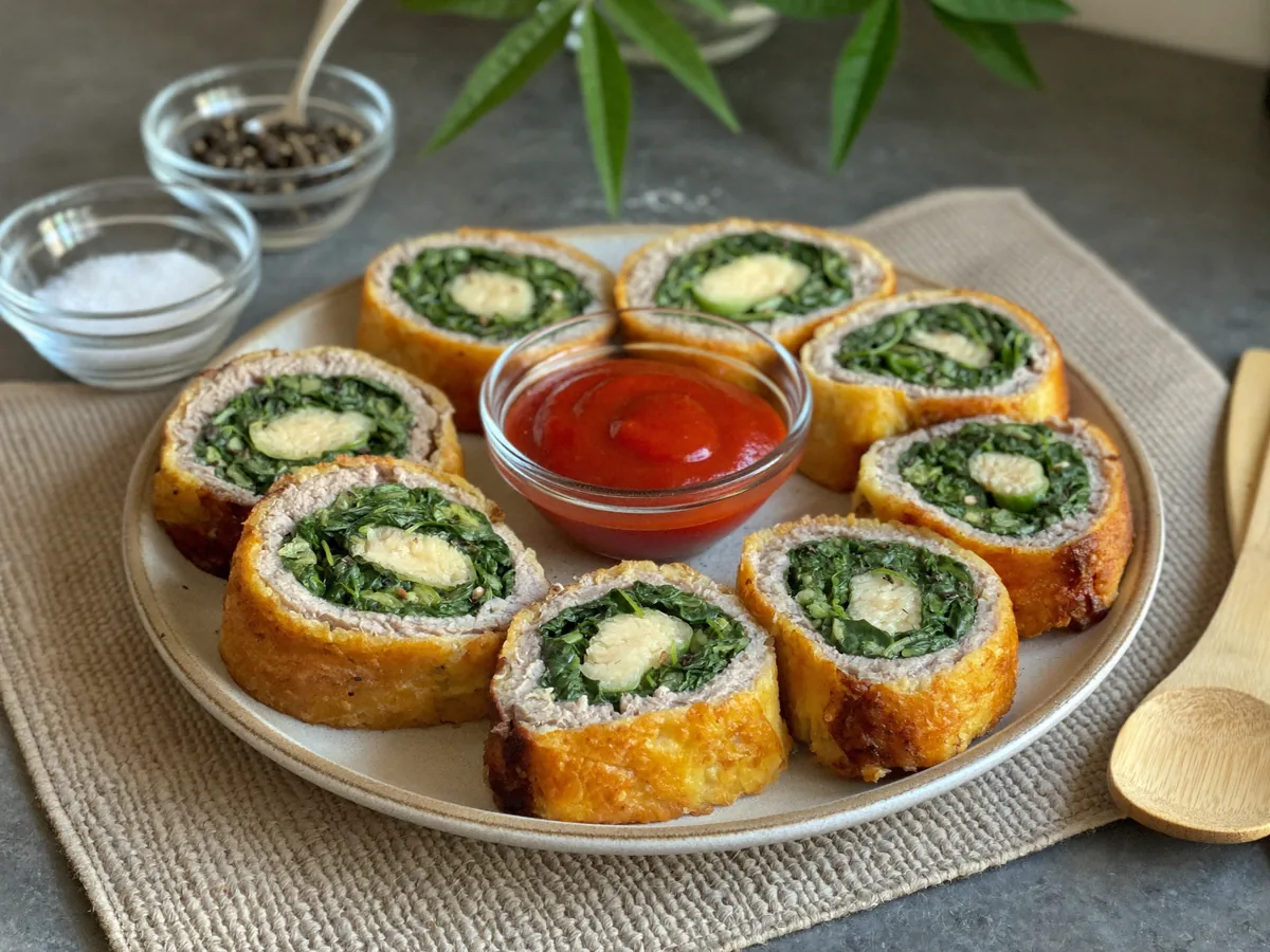 Мясной рулет со шпинатом и сыром