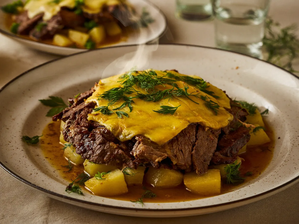 Мясо по французски из говядины с картошкой в духовке