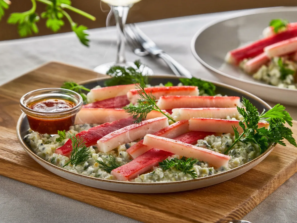 Новогодняя закуска из фаршированных крабовых палочек