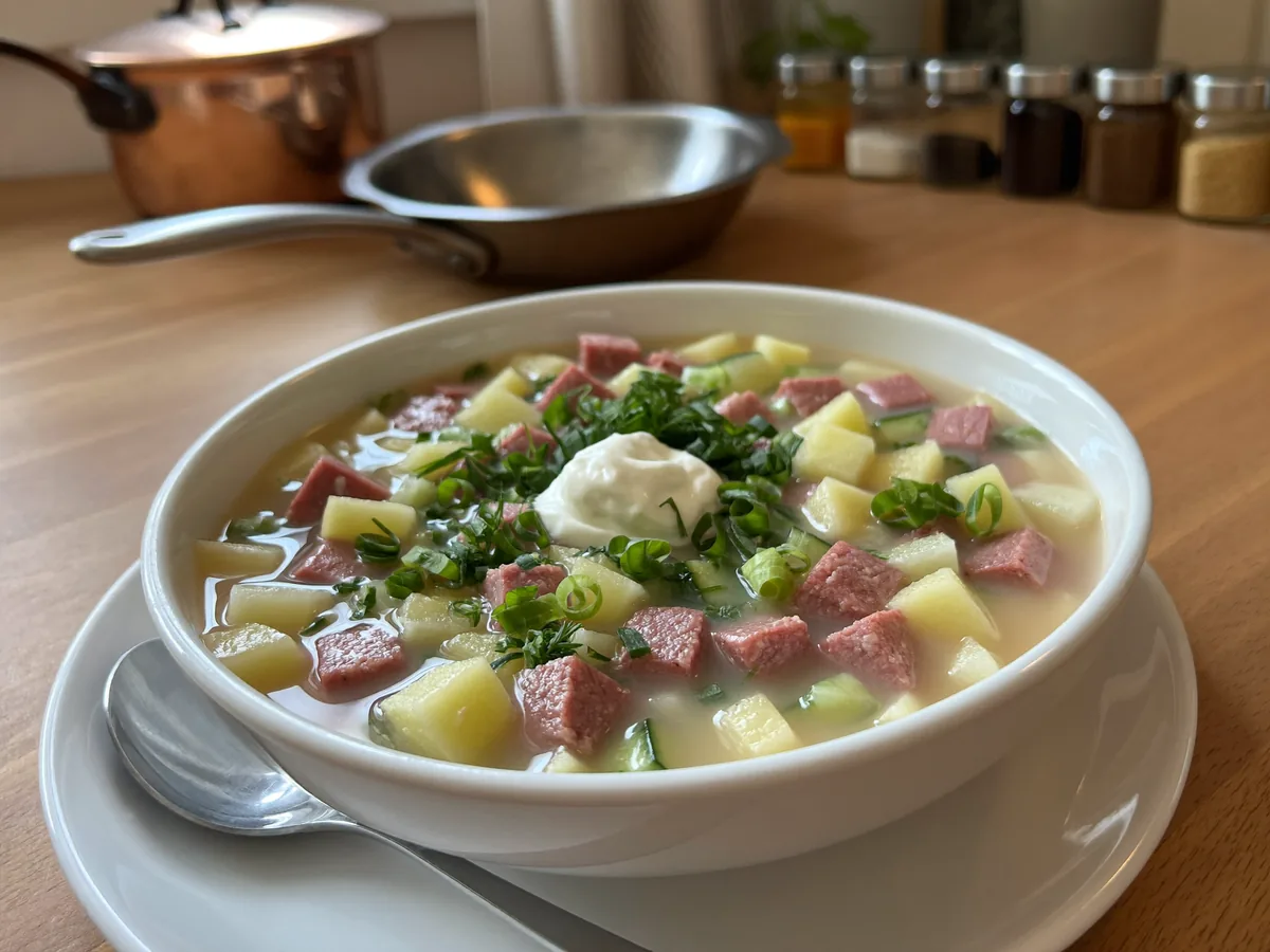 Окрошка на квасе с колбасой и болгарским перцем