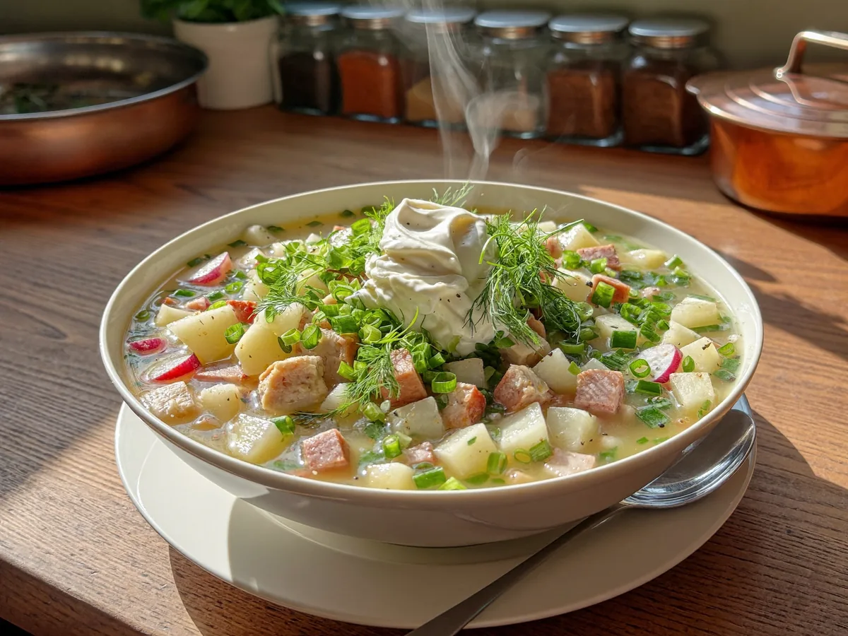 Окрошка на сыворотке с куриной грудкой