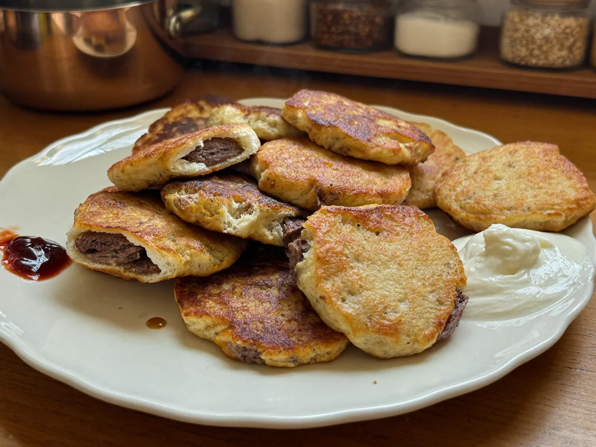 Оладьи с сосисками и сыром (на кефире)
