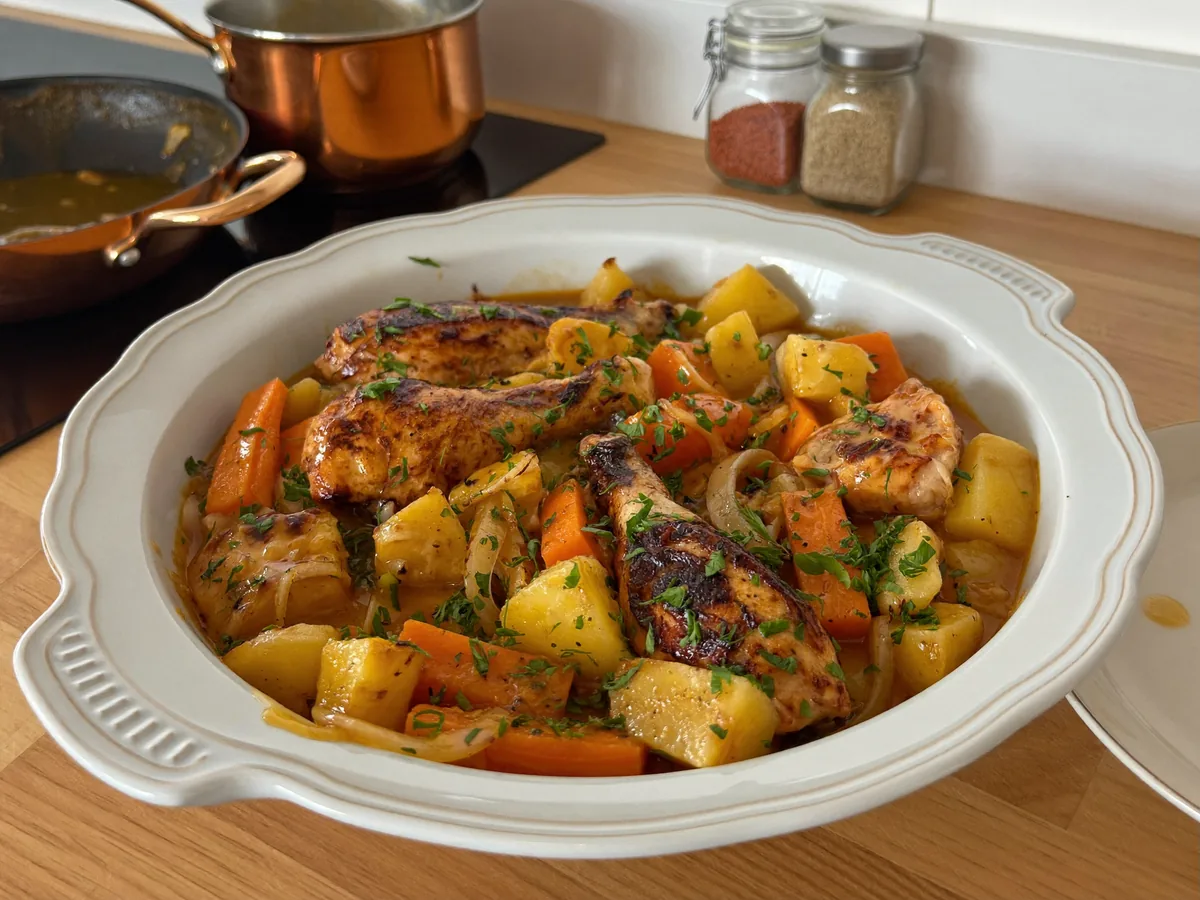 Овощное рагу с курицей и картошкой в казане