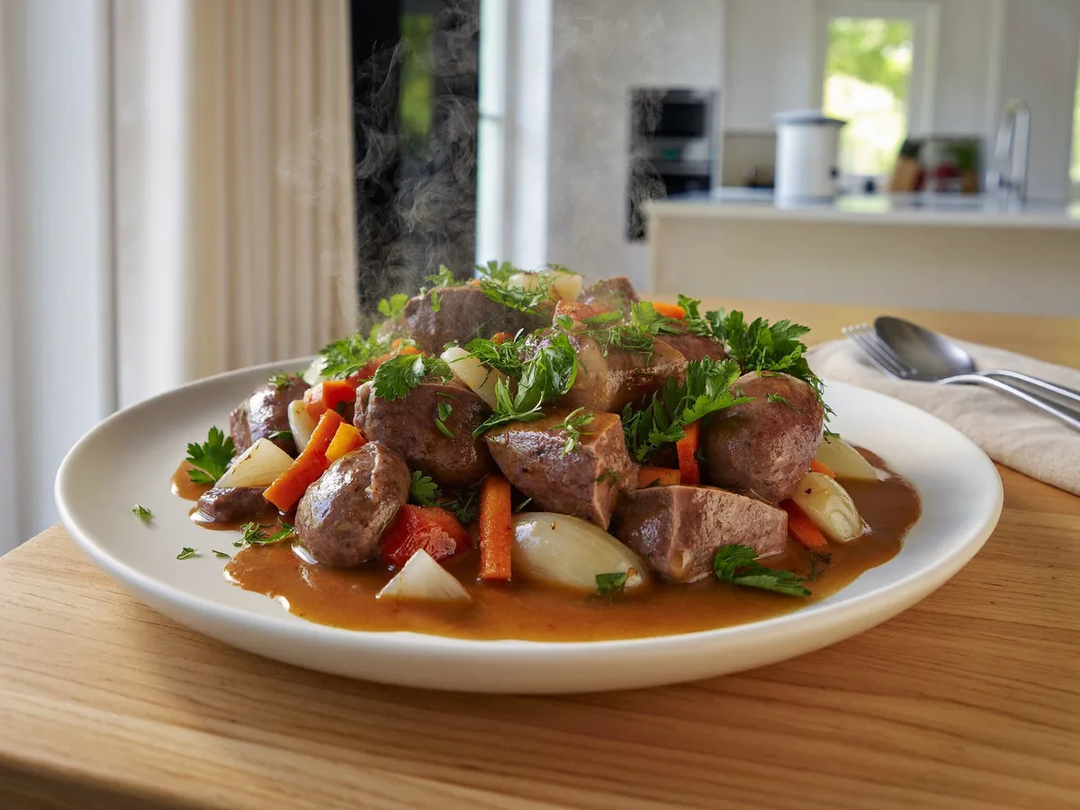 Печень говяжья с овощами