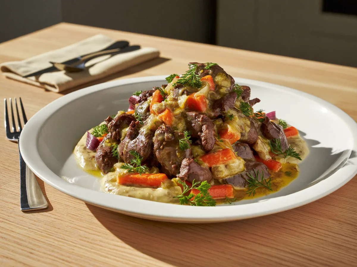 Печень с морковью луком и майонезом на сковороде