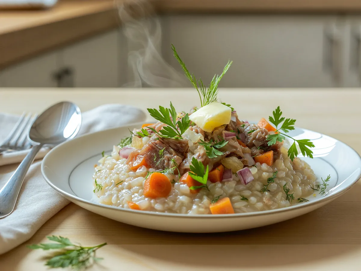 Перловая каша с тушенкой на сковороде