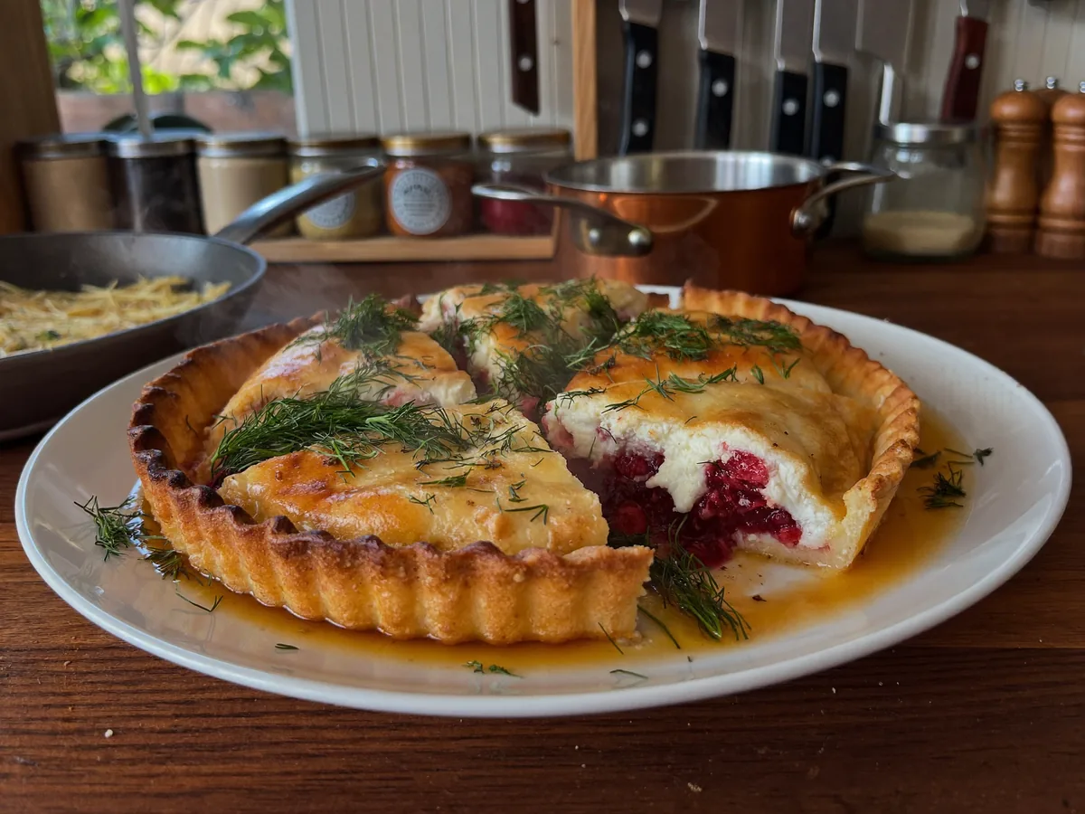 Песочный пирог с творогом и клубникой