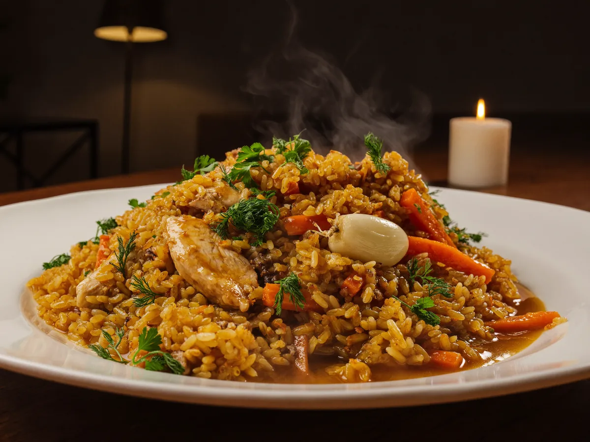 Плов на плите в казане из курицы