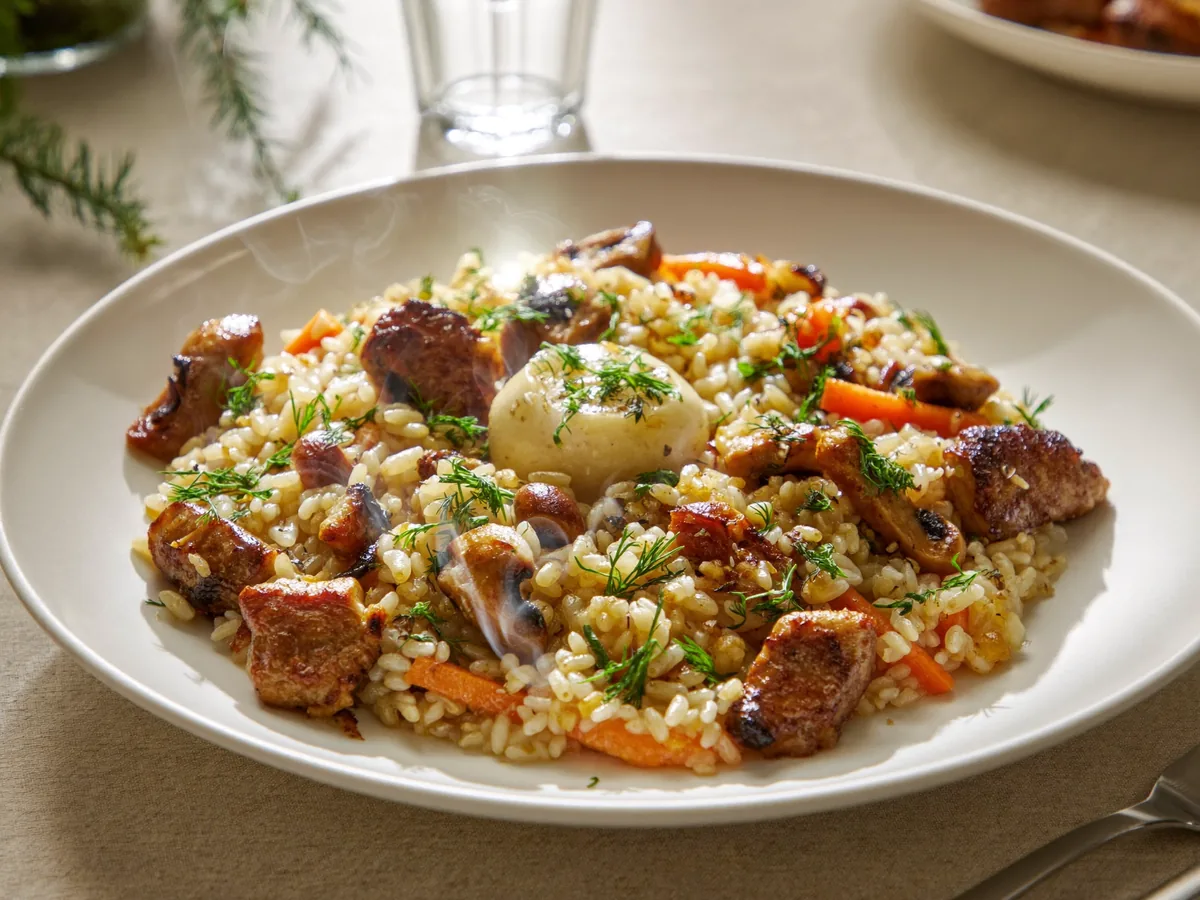 Плов с шампиньонами на сковороде