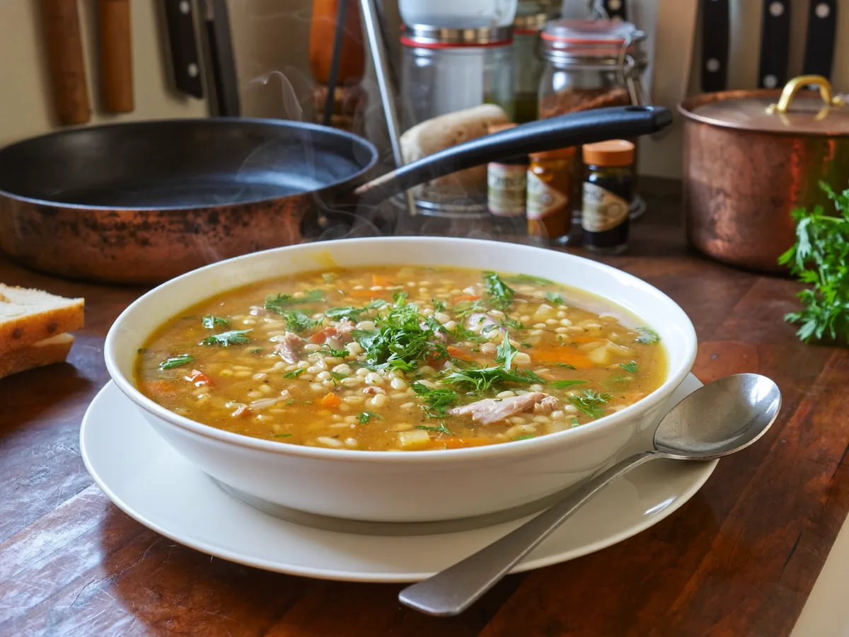 Рассольник с курицей и перловкой