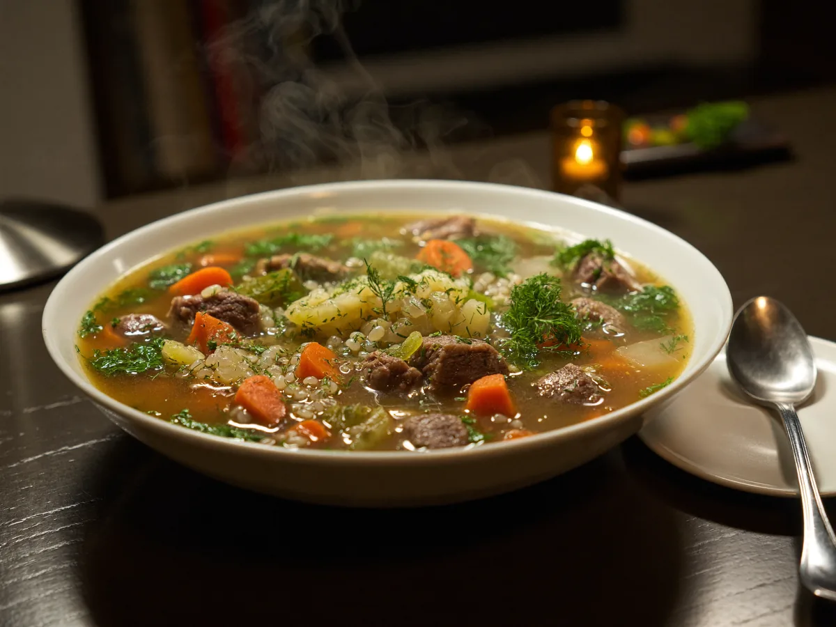 Рассольник с перловкой и солеными огурцами с говядиной