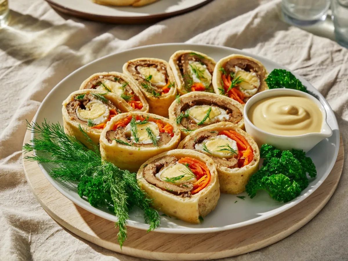 Рулет из лаваша с шампиньонами и корейской морковью