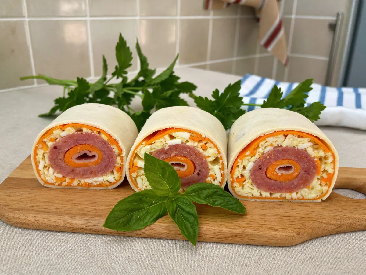 Рулет с колбасой и корейской морковью