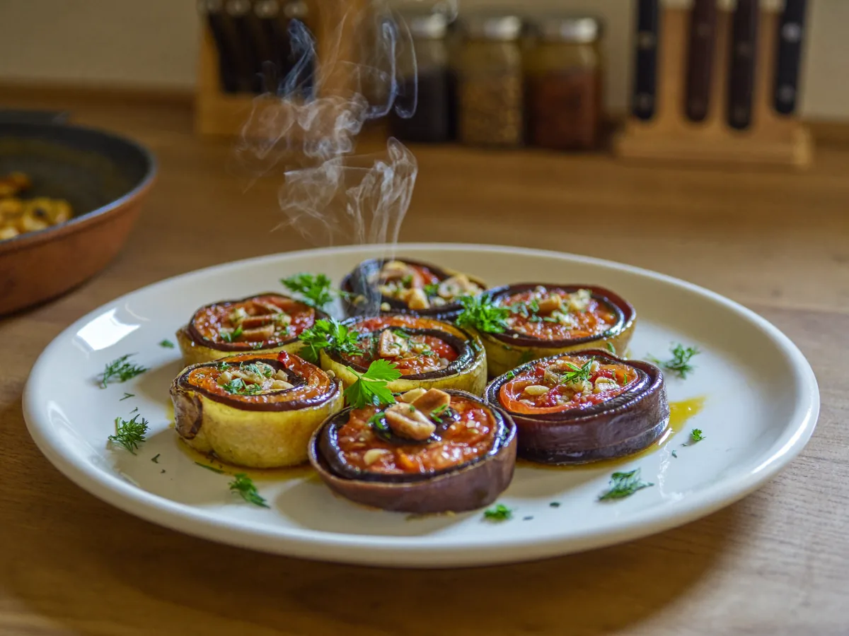 Рулетики из баклажанов с помидорами и грецкими орехами