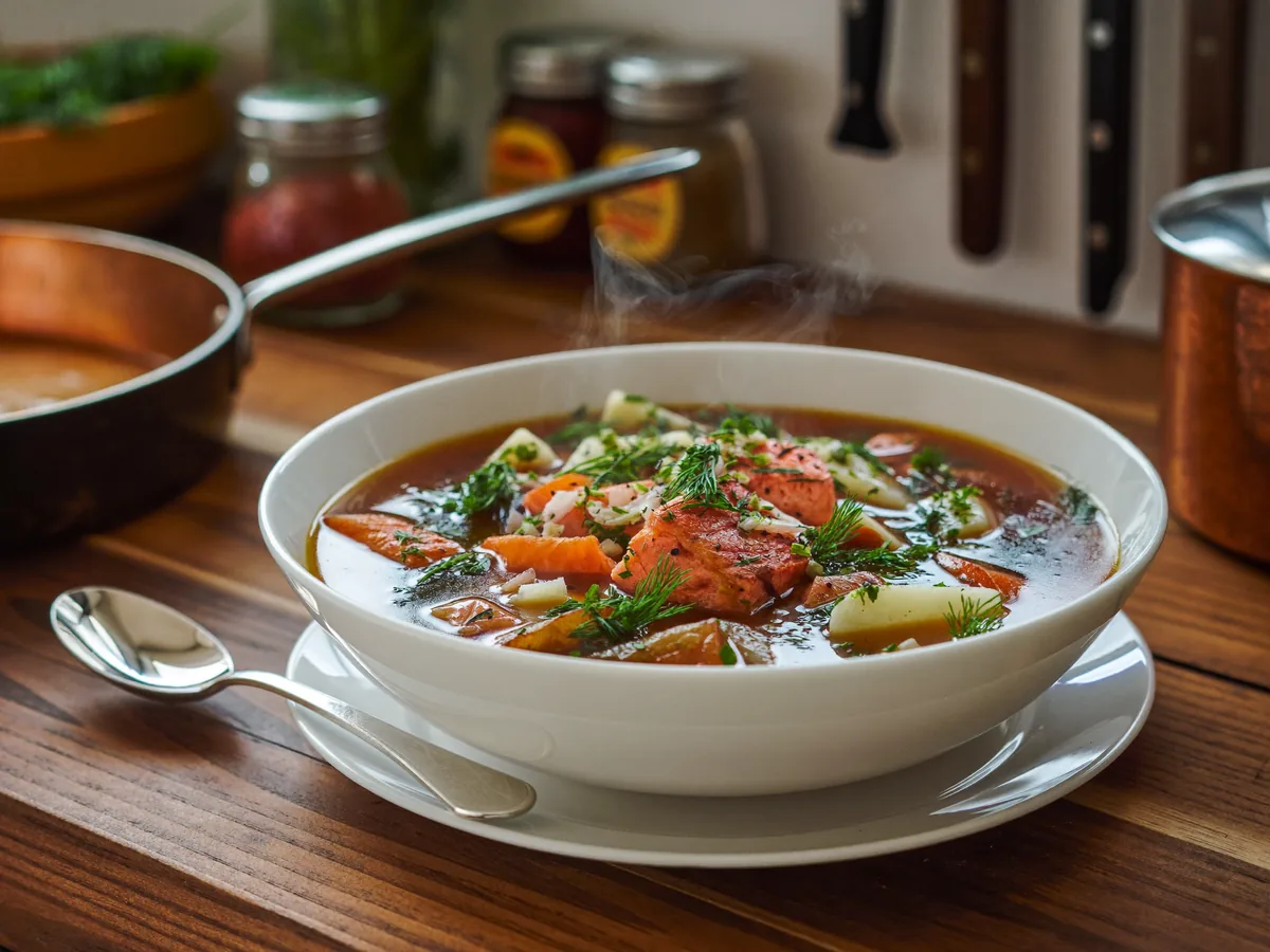 Рыбный суп из головы лосося с кукурузной крупой