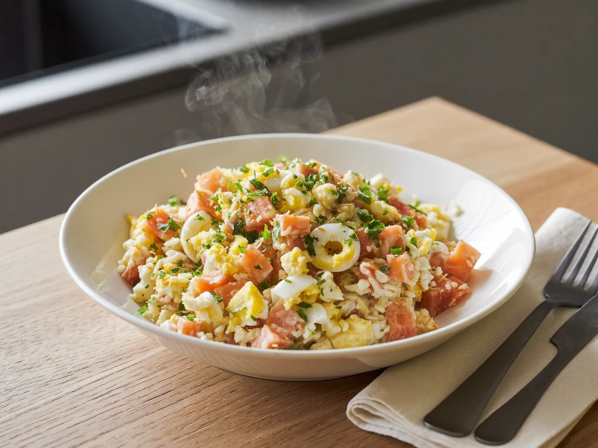 Салат из лосося с рисом и яйцом
